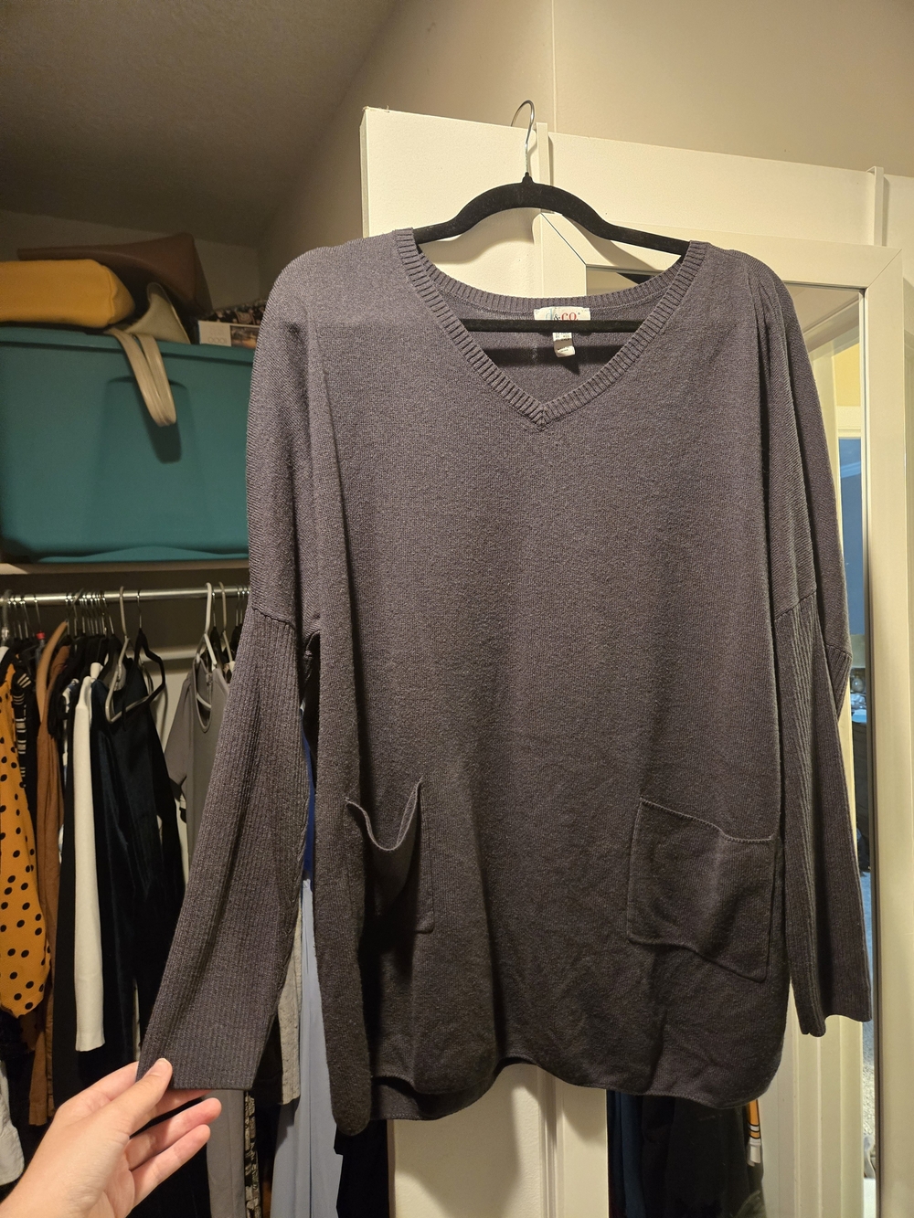 Relaxed V-Neck Pocket Sweater in Charcoal Grey